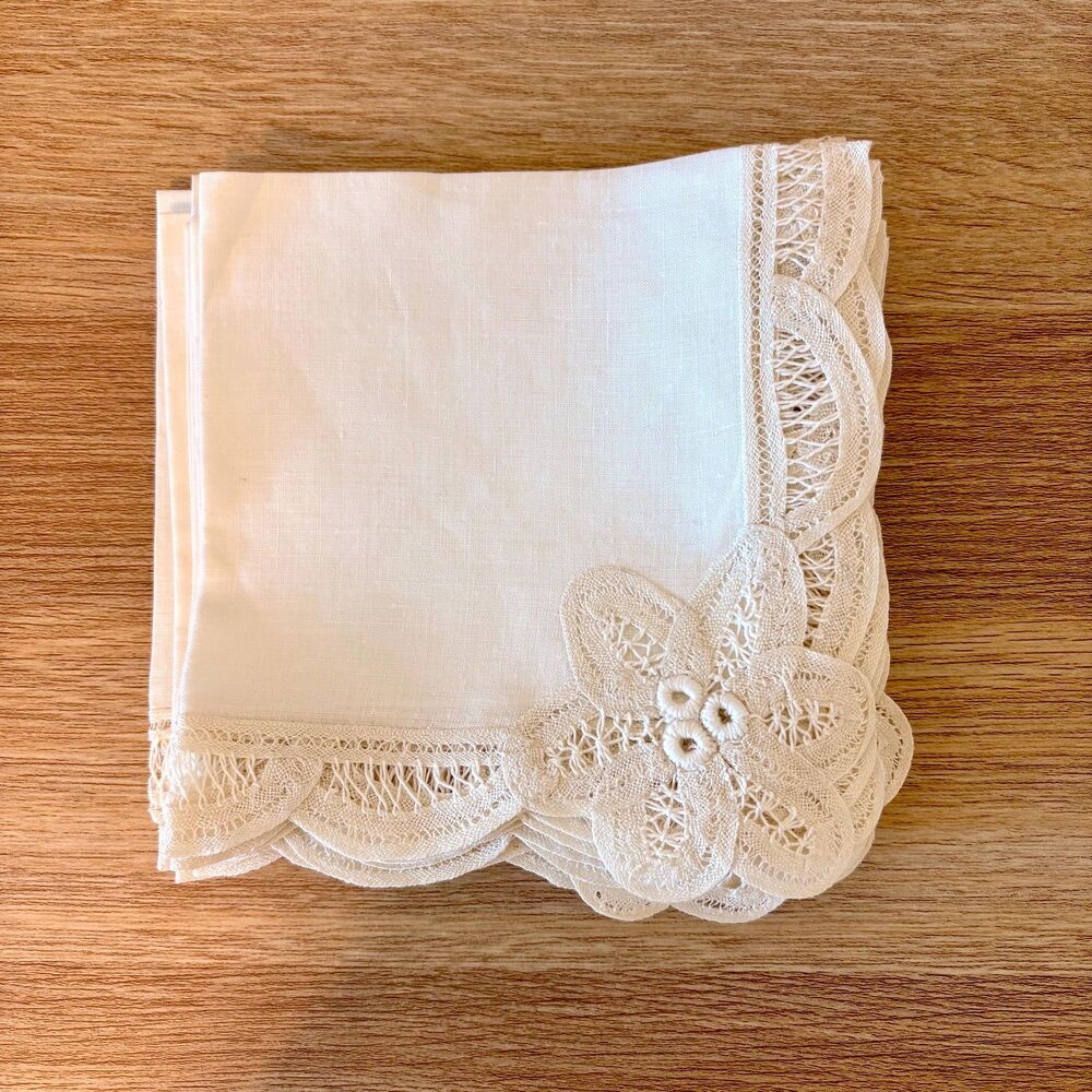 Vintage Linen Lace Cocktail Napkins Set of 8 | Hand Embroidered | White Madeira